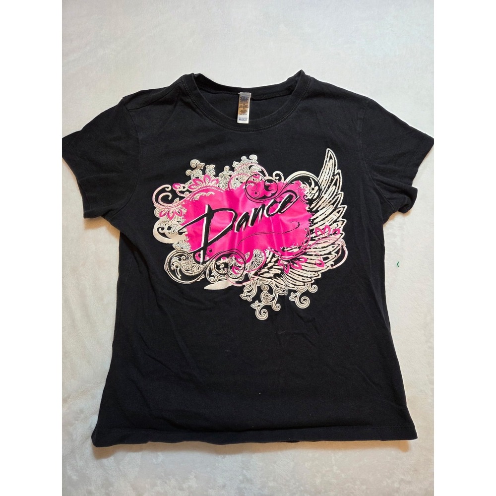117-Bella Canvas Youth Medium Dance Graphic T Shirt Black Pink Short Sleeve